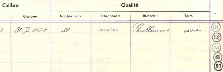 Registre des années 1950 de Zenith concernant le Calibre 135-O