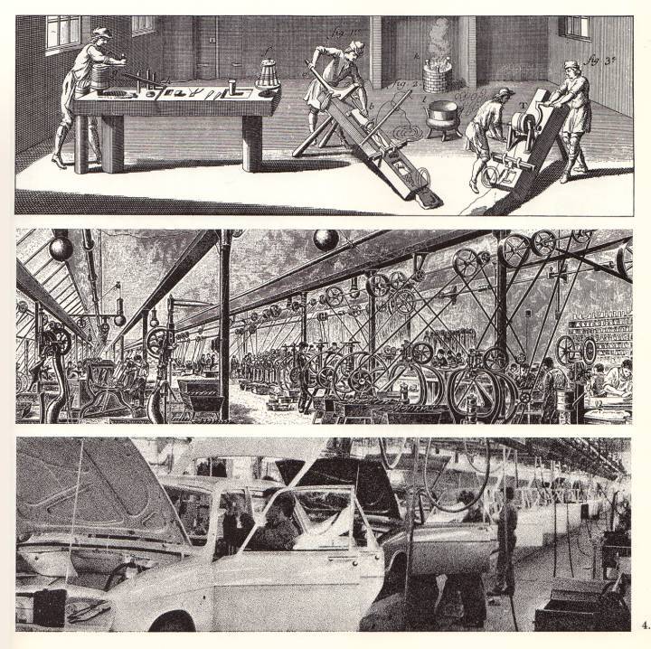 Micromégas consacre six fascicules au «Temps dans l'industrie», dont la parution s'est étalée entre 1965 et 1968. Ici une planche qui représente l'évolution des moyens de production entre «L'artisanat, L'industrialisation et La surproduction». Selon Micromégas, l'ère de la surproduction «pourrait bien durer un siècle» mais les auteurs entrevoient déjà deux graves problèmes à résoudre: «la revalorisation progressive des populations défavorisées qui représentent les trois quarts de la race humaine», et celle du «remplacement d'une économie d'aveugle expansion par une économie d'économie des ressources naturelles». Une question aujourd'hui littéralement brûlante.