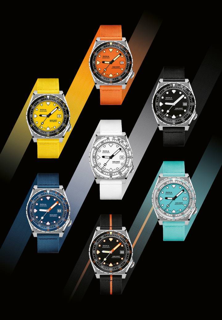 La SUB 600T compte les trois aiguilles et reprend les codes esthétiques de la fameuse SUB 600T des années 1980, tout en ajoutant les éléments techniques qui font d'elle une montre de plongée toujours aussi performante, fiable, accessible et désirable aujourd'hui. Toutes les indications relatives à la plongée sont recouvertes d'un revêtement luminescent Super-LumiNova®, y compris les index distinctifs en forme de «dents de requin» à 6, 9 et 12 heures, pour une lisibilité optimale dans des conditions de faible luminosité. Toute la collection est disponible sur bracelets NATO qui apportent une touche vintage moderne au florilège Doxa. 