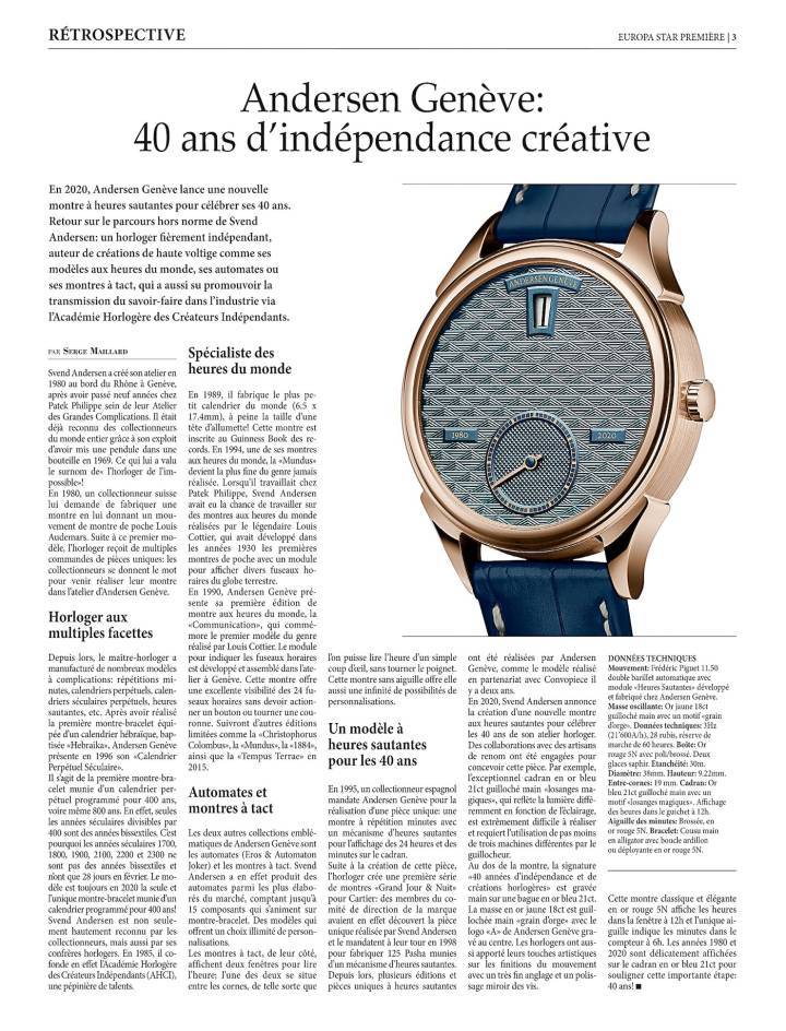 Pour son 40ème anniversaire, Andersen Genève présente une version spéciale de son Heure Sautante en 2020.