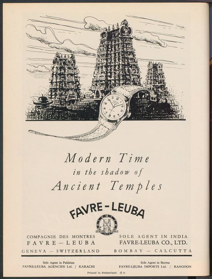 En 1950, comme le montre cette publicité parue dans l'édition asiatique d'Europa Star, l'Inde est toujours un des marchés les plus importants de Favre-Leuba. La marque y jouit d'une réputation exceptionnelle.