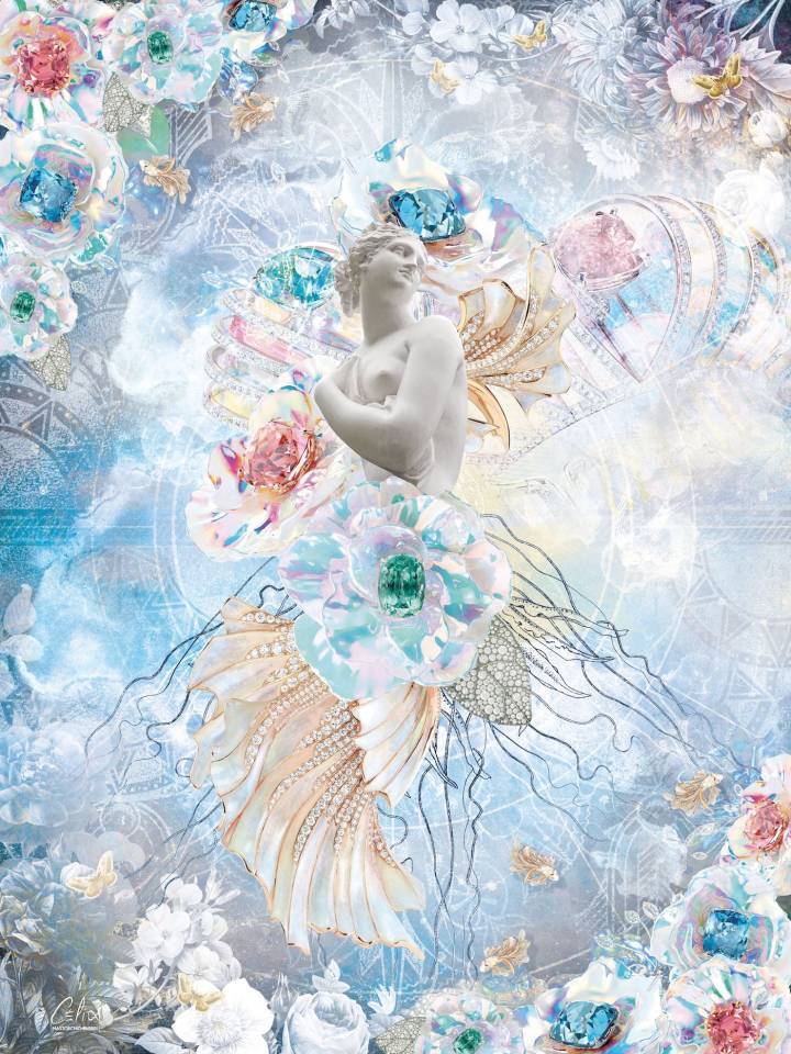  Le collage de l'artiste Célia Martorchio-Fabbri représente Flora, la déesse du printemps. La beauté de la nature est sublimée par l'usage de joyaux.