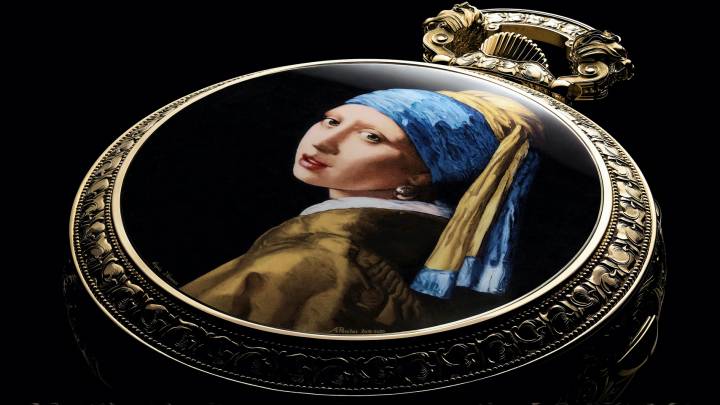 Montre de poche Vacheron Constantin Les Cabinotiers Westminster Sonnerie, 2021. La saisissante peinture miniature en émail signée A. Porchet 2018-2020 réinterprète la célèbre peinture La jeune fille à la perle du peintre hollandais Johannes Vermeer (1632-1675). Pièce unique.