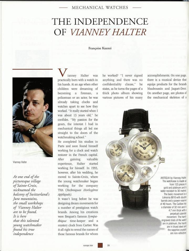 Un article sur Vianney Halter paru dans Europa Star en 1999
