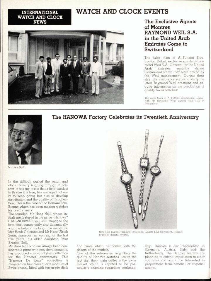 Un article paru en 1983 dans Europa Star sur les 20 ans de la marque Hanowa, qui revient sur le profil très imaginatif de son créateur Hans Noll. On peut notamment lire que le marché suisse est déjà le principal débouché de la marque à l'époque.