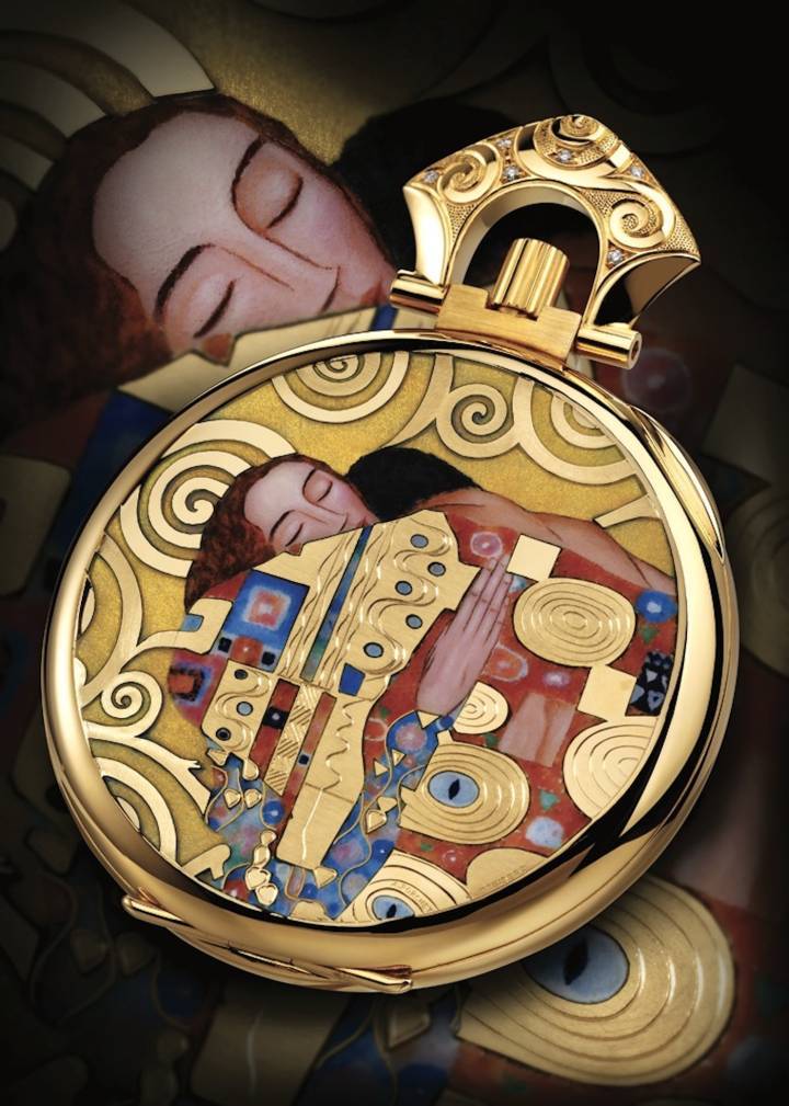 Montre de poche Patek Philippe émaillée par Anita Porchet. Réinterprétation de l'oeuvre Le Baiser du peintre autrichien Gustav Klimt (1862-1918).