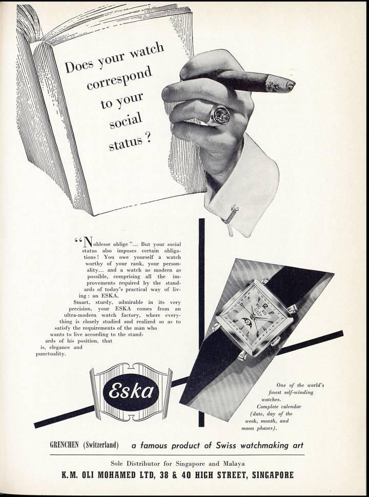 Annonce Eska en 1956 dans notre édition pour l'Extrême-Orient: les liens entre statut social et montre sont mis en avant - précurseur de ce que nous connaissons aujourd'hui dans la branche.