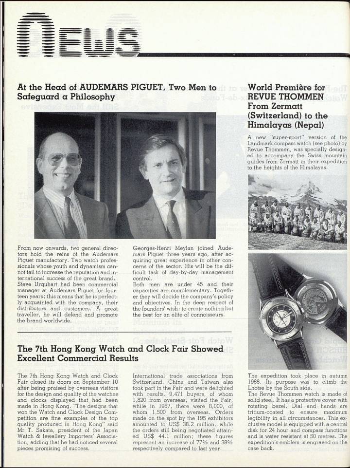 Suite au décès soudain du légendaire directeur d'Audemars Piguet Georges Golay en 1987, Georges-Henri Meylan et Stephen Urquhart reprennent en duo le poste de CEO d'Audemars Piguet, comme on peut le lire dans cet article d'époque d'Europa Star.