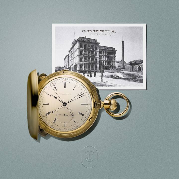 Chronographe Tiffany & Co., 1872-1879, avec une photographie de la manufacture de Genève. Archives Tiffany. 