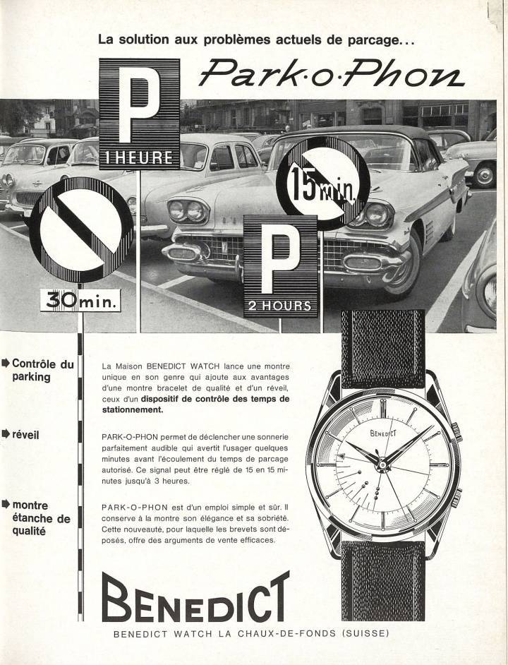Le modèle Park-o-Phon de Benedict Watch dans Europa Star en 1968. Il remplit la même fonction que la Jaeger-LeCoultre Memovox Parking, mais le mécanisme d'alarme et le design sont légèrement différents.