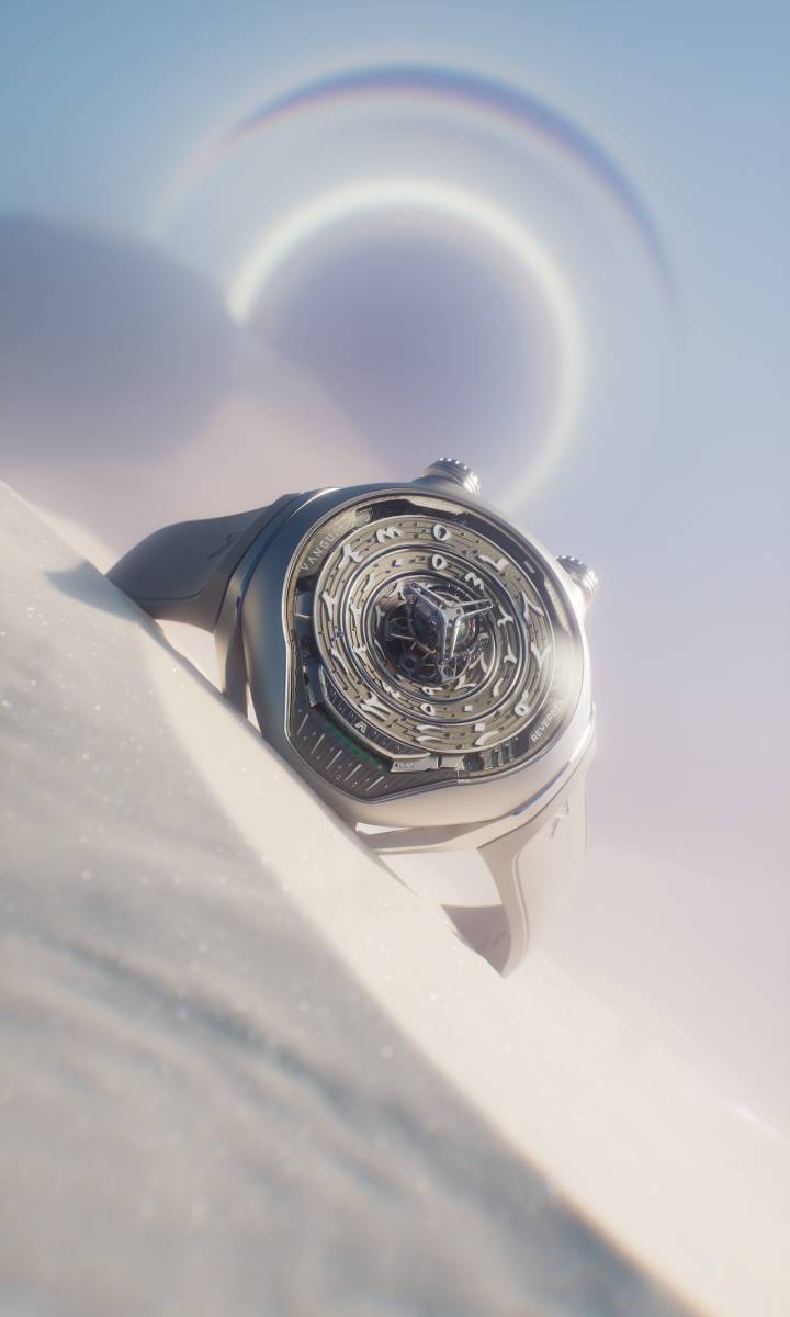 Cette nouvelle version de la Black Hole introduit un cadran orné de chiffres arabes, appliqués et peints à la main. Le modèle reprend les éléments techniques emblématiques de Vanguart — tourbillon volant lévitant, affichage linéaire du temps et construction concentrique sur trois niveaux. Son boîtier en titane grade 5 renforce la légèreté et la stabilité de l'ensemble, tandis que le cadran en PVD anthracite met en valeur la profondeur des indications. 