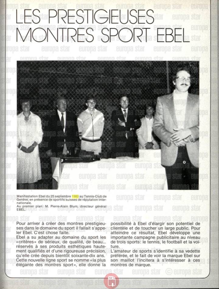 Un article sur Pierre-Alain Blum et les montres sport d'Ebel paru en 1980 dans Europa Star