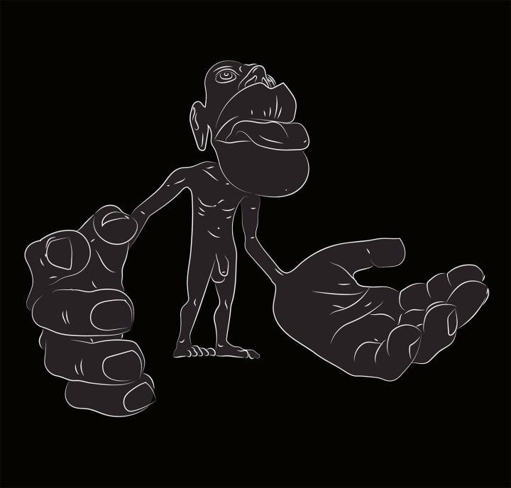 L'homoncule de Penfield qui illustre graphiquement l'importance des liens entre le cerveau et les différentes parties du corps humain. Mains, langue et bouche sont ainsi surdimensionnées.