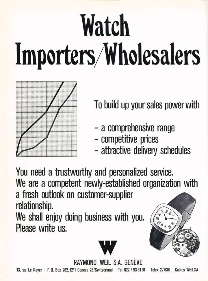 La première apparition de Raymond Weil dans Europa Star Eastern Jeweler and Watchmaker, 1975/02.