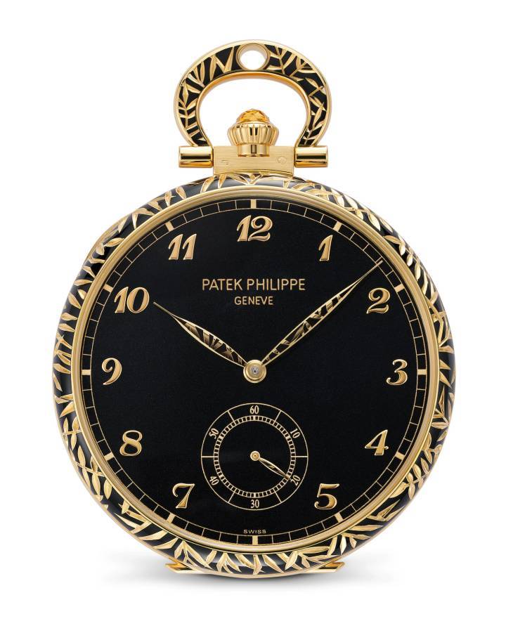 Montre de poche Patek Philippe «Léopard», réf.995/137J-001. Pièce unique de la collection «Haut artisanat 2023». Cadran en or, marqueté en bois de tulipier teinté en noir et 21 autres essences pour un total de 363 pièces. 