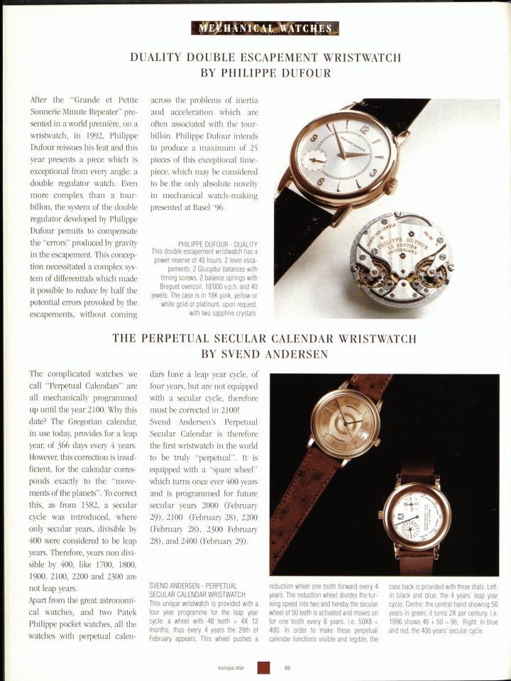Archives sur Andersen Genève extraites des années 1990 dans Europa Star: de haut en bas, la Perpetual 2000 en platine, la World Time Mundus extra-plate et le calendrier perpétuel séculaire.