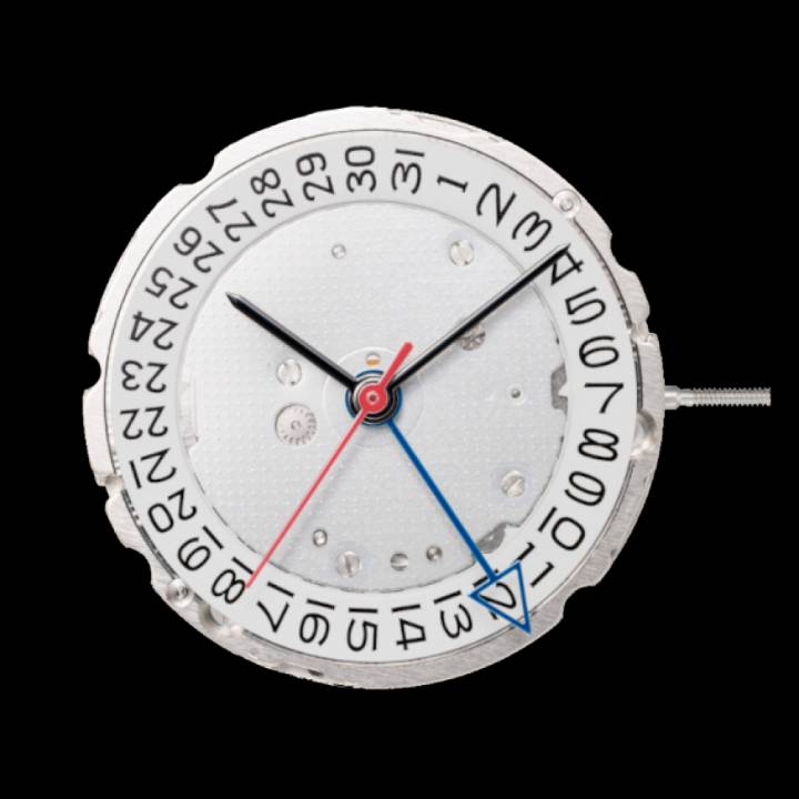 Mouvement automatique 9075 doté de la fonction True GMT. Diamètre 11 1/2'''. Épaisseur 4,92 mm. Précision -10 à +30 sec/jour. Aiguille GMT centrale Réglage individuel de l'aiguille des heures. Réserve de marche environ 42 heures.