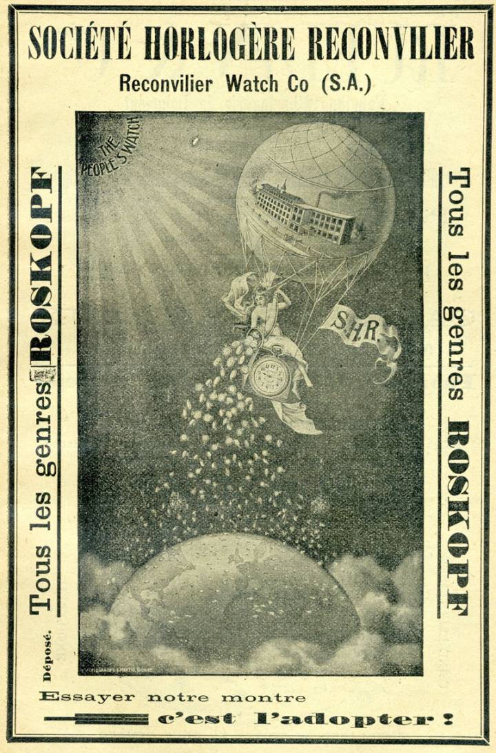 Une publicité datant de 1913 (collection MIH). La montre de type Roskopf, surnommée «The people's watch» à cause de son faible coût, témoigne, juste avant l'introduction de la montre-bracelet, de la première «mondialisation» de l'horlogerie.