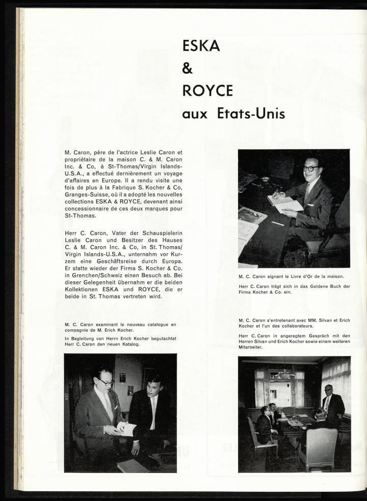 Le marché amércain est également important pour Eska et Royce. Dans ce reportage de 1961, on aperçoit less nouvelles générations de la famille Kocher: Silvan, fils du fondateur qui portait le même prénom, et Erich.