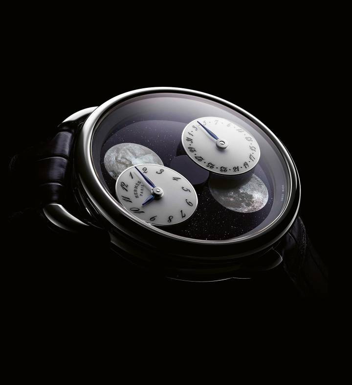 L'Heure de la Lune, par Hermès. Un très bel exemple d'étroite collaboration entre Chronode et Hermès pour aboutir à une des plus belles et originales façons de détailler visuellement et en mouvement les phases de lune.