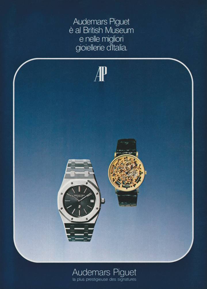 Publicité en italien pour la Royal Oak et l'art du squelettage. L'Italie a joué un rôle important dans l'engouement progressif envers la Royal Oak.