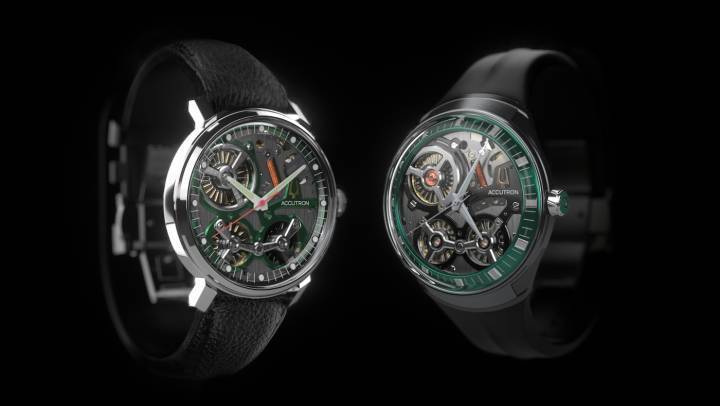 Les modèles Spaceview 2020 (à gauche) et Accutron DNA (à droite) sont équipés d'un calibre exclusive à énergie électrostatique, breveté par Accutron.