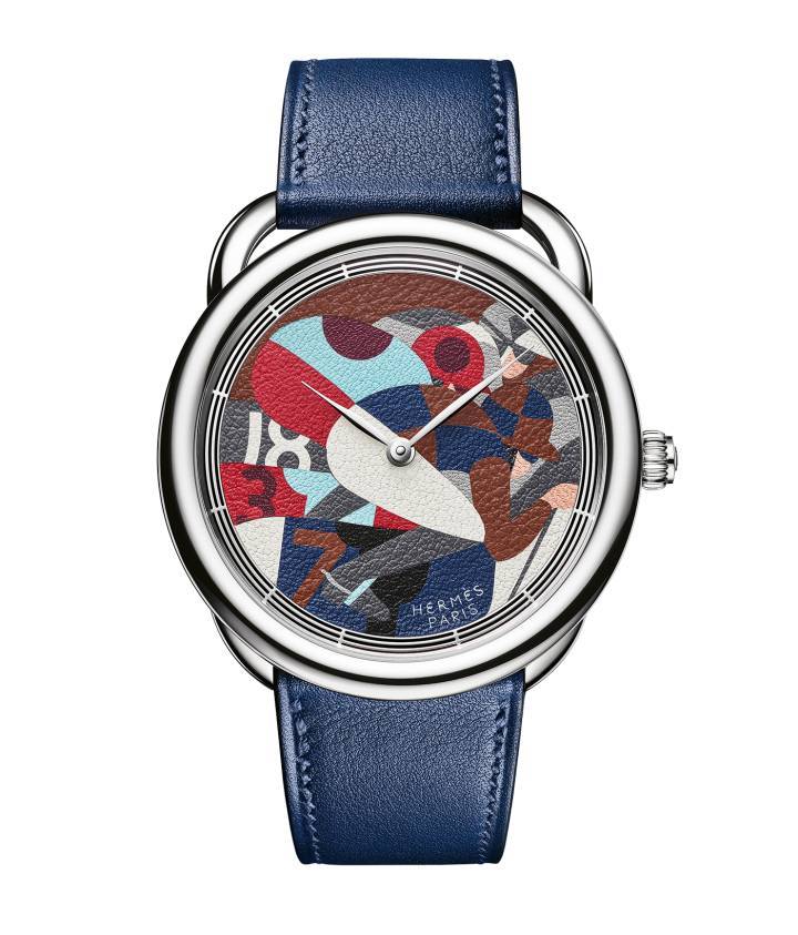 Arceau Hermès 18-3-7: cadran en marqueterie de cuir réalisé dans les ateliers Hermès, à Brügg.
