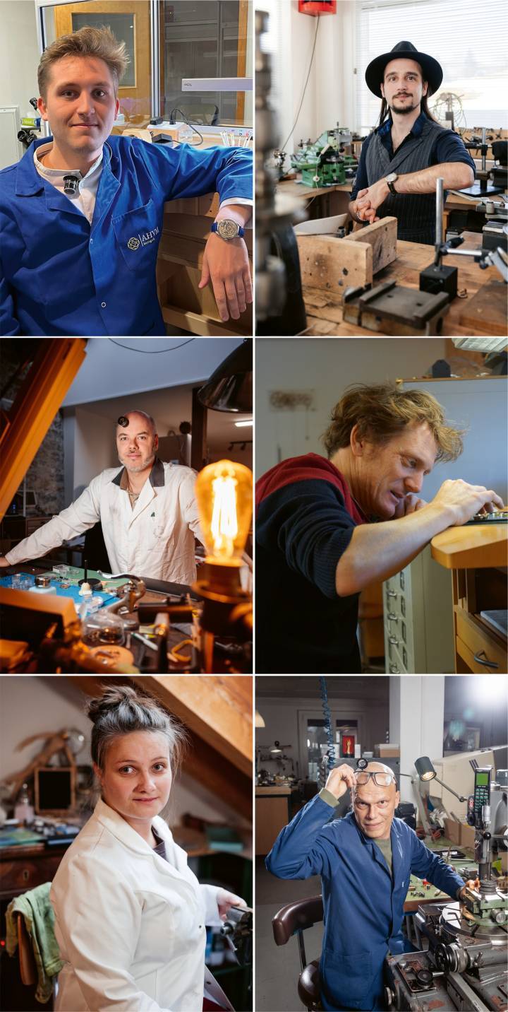 Quelques uns des nouveaux «horlogers à la fenêtre». De gauche à droite et de haut en bas: Alexandre Hazemann, Julien Tixier, Olivier Mory, Luc Monnet, Shona Taine, Sylvain Pinaud.