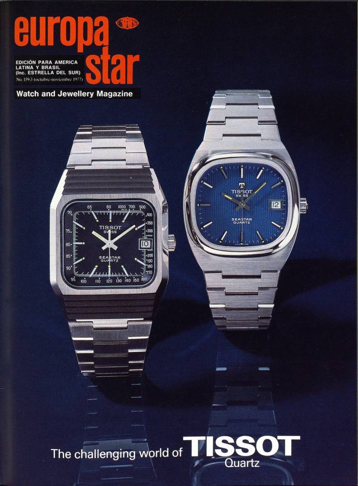Tissot en couverture d'Europa Star en 1977. Un demi-siècle après le développement du quartz, la marque mise sur cette technologie associée à l'énergie solaire et à la connexion.