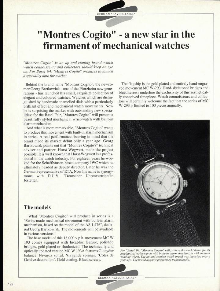 En 1994, Europa Star consacre un article à Georg Bartkowiak, un jeune entrepreneur à la tête de Montres Cogito.