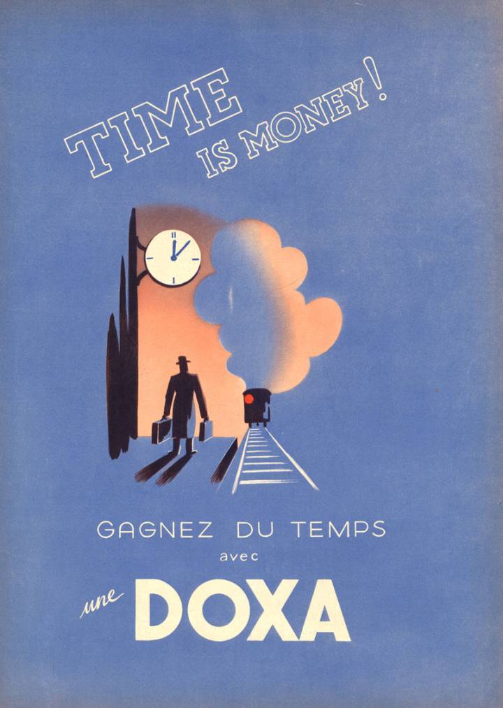 Une publicité Doxa de 1961 (collection MIH). La montre, ou plutôt son absence dans ce cas, est vue sous son apport strictement utilitaire.