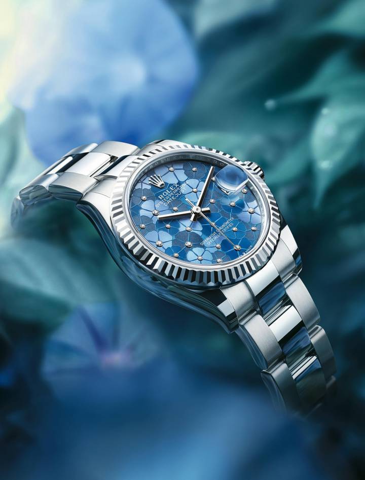 La Rolex Oyster Perpetual Datejust 31 Azzuro Blue allie soleillage traditionnel et gravure au laser femtoseconde