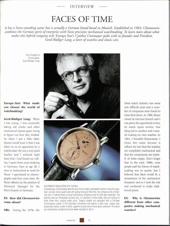 Entretien avec Gerd-Rüdiger Lang paru en 1998 dans Europa Star: «J'ai cru à la renaissance de l'horlogerie mécanique et pris le risque de continuer à fabriquer des montres traditionnelles.»