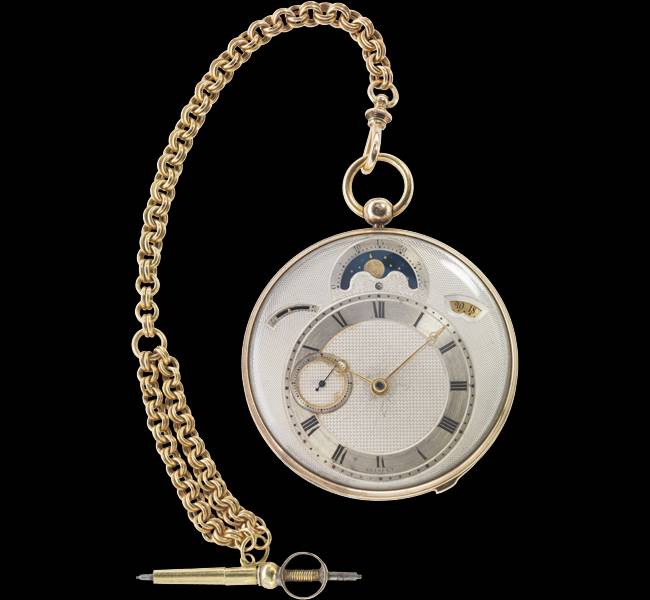 Breguet No. 3833, vendue le 12 mai 1823. Boîtier or, cadran argent excentré avec guichets pour date et phases de lune, petite seconde excentrée, échappement à ancre.