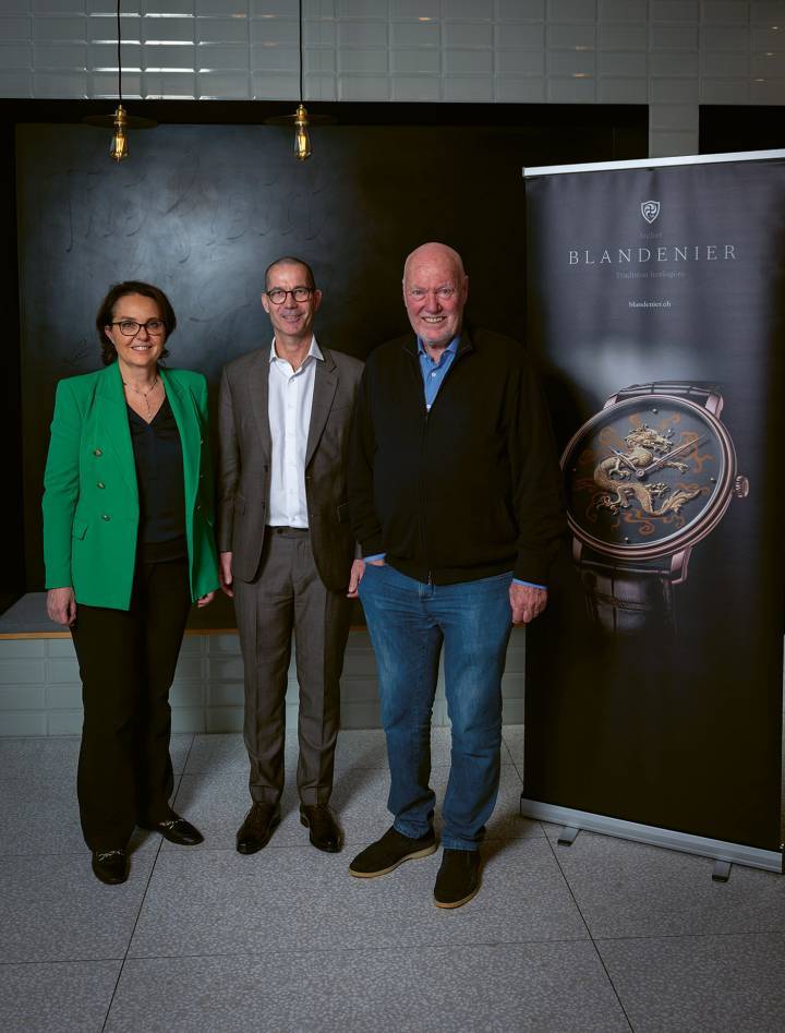 L'initiateur du projet Christophe Blandenier entouré des parrains de PARVIS, Carole Hubscher et Jean-Claude Biver
