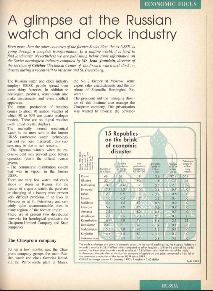 Une analyse du marché horloger russe parue en 1992 dans Europa Star, avec des perspectives sombres. La plupart des usines soviétiques n'ont pas survécu à la chute du régime. Raketa est l'une des rares exceptions. 