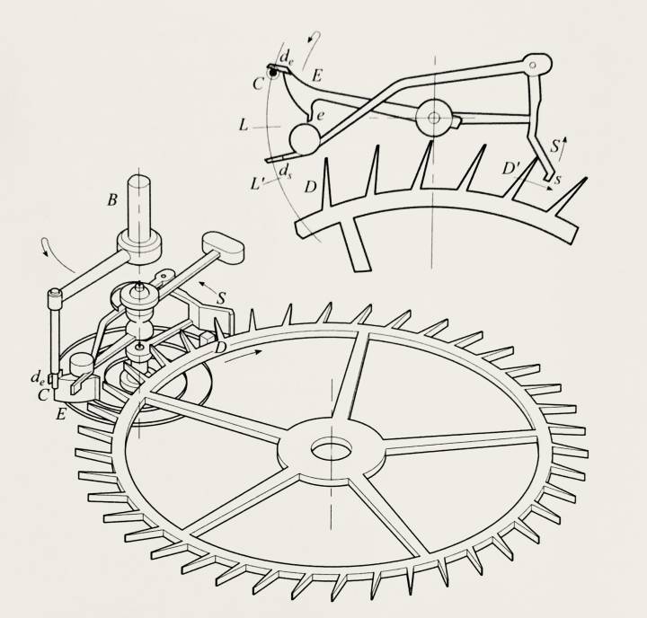 Johann Jacob Huber (1733-1798) et Thomas Mudge (1717-1794): échappement à force constante. Page 266.