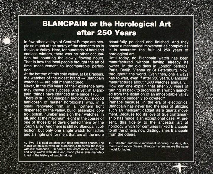 Un «manifeste» de Blancpain, paru dans Europa Star en 1985.