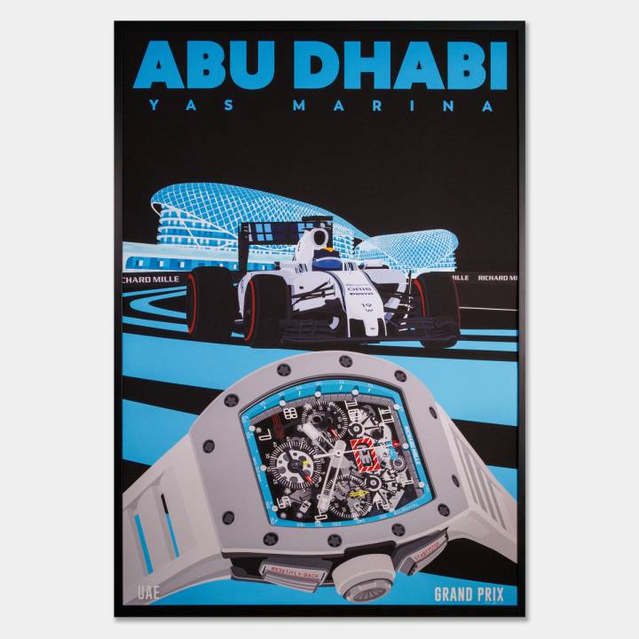 Abu Dhabi, Yas Marina, Felipe Massa (pièce unique, sur mesure): «Le circuit Yas Marina a gagné une réputation bien méritée d'hôte pour des performances mémorables, dont la démonstration de Felipe Massa lors du Grand Prix d'Abu Dhabi 2014. Cette œuvre rend hommage à la joie sans fin et à l'excitation émanant de cette piste de course mythique. Chaque détail minutieusement dessiné capture l'essence de l'héritage de Yas Marina, avec une palette de couleurs mêlant des tons de noir, de bleu électrique et de gris. Chaque forme s'imbrique avec précision à travers une structure de 60'000 points de connexion. En l'honneur du partenariat entre le circuit Yas Marina et Richard Mille, le célèbre horloger a dévoilé un garde-temps en édition limitée, le RM 011 Felipe Massa Flyback Chronograph Yas Marina Circuit. Cette montre d'exception symbolise l'union harmonieuse de l'art et du sport automobile.»