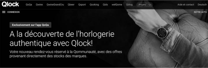 La plateforme d'accueil de Qlock sur le site de QoQa. Deux offres horlogères y sont proposées chaque semaine.