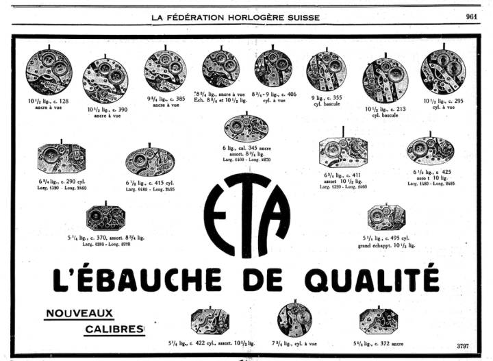 Publicité pour des calibres ETA pour montres de poche et montres-bracelets, 1927