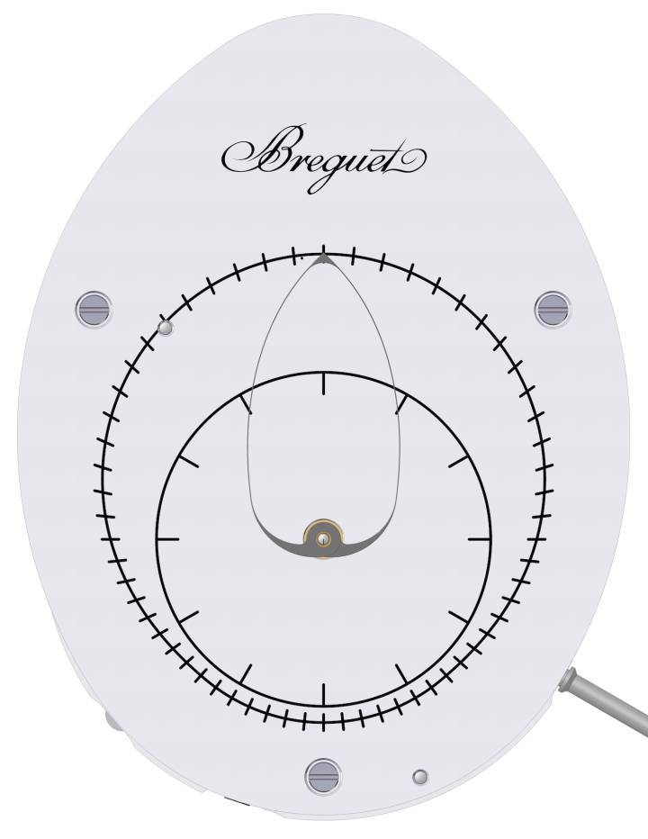 Cadran du prototype avec actionnement par rouages de forme. On constate que l'aiguille accomplit une trajectoire non circulaire mais qui n'épouse pas la périphérie du cadran. Fort de ces enseignements, le mode d'actionnement de l'aiguille à longueur variable qui sera retenu est celui d'un actionnement à came qui va permettre de suivre précisément la périphérie ovoïde du cadran. Pour y parvenir, l'aiguille devra être plus grande et lors de leur trajectoire le ratio entre la longueur des deux bras devra atteindre une valeur proche de 2.2, ce qui «dépasse les possibilités techniques des rouages de forme», cantonnés à un ratio de 1.6.