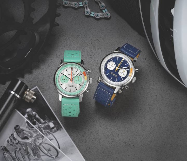 Les deux éditions limitées Chronographe Top Time B01 Fausto Coppi et Gino Bartali avec leur mouvement manufacture, étanches à 100 mètres, dans leur boîtier de 41 mm.