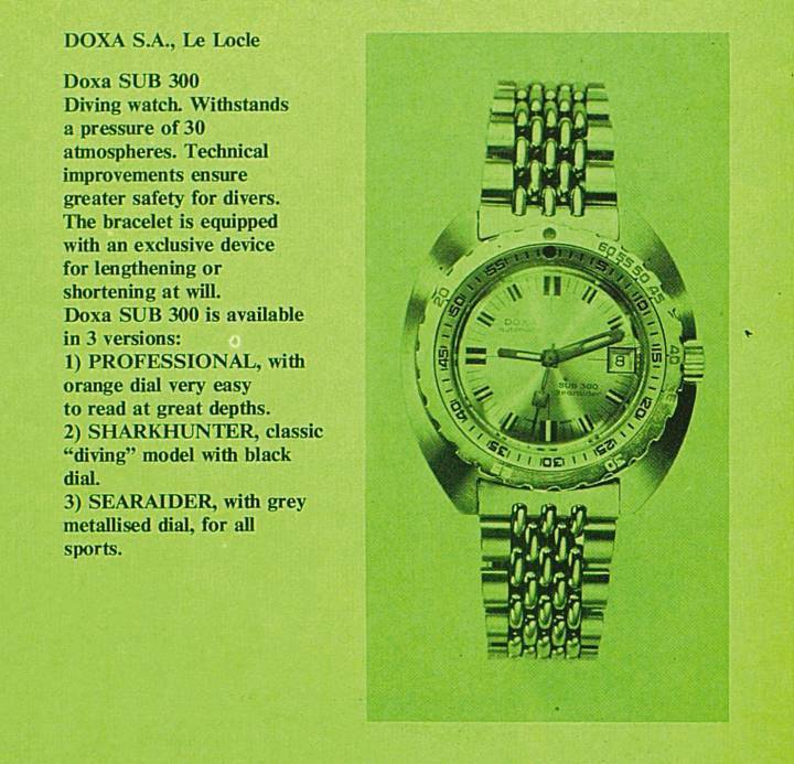 La Doxa SUB 300 en 1967 dans Europa Star, dans ses versions Professional, Sharkhunter et SearRaider