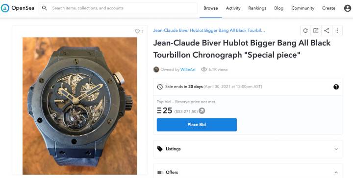 Un double numérique de ce prototype Hublot as été vendu par Jean-Claude Biver sur une plateforme de NFT.