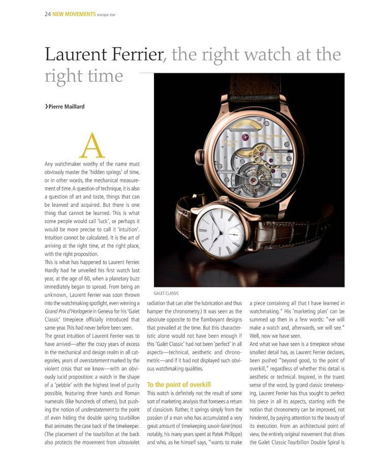 Un portrait de Laurent Ferrier paru au lancement de la marque, en 2011 dans Europa Star.