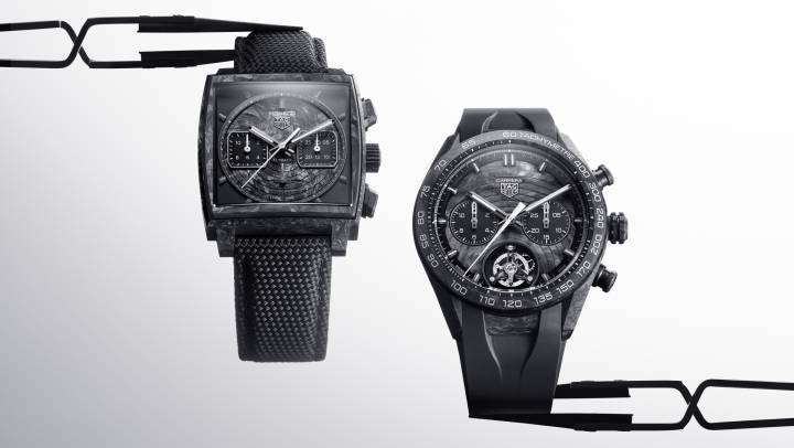 Ces deux nouveaux modèles sont les premiers à être équipés d'un spiral en carbone: la Monaco Flyback Chronograph TH-Carbonspring et la Carrera Chronograph Tourbillon Extreme Sport TH-Carbonspring.