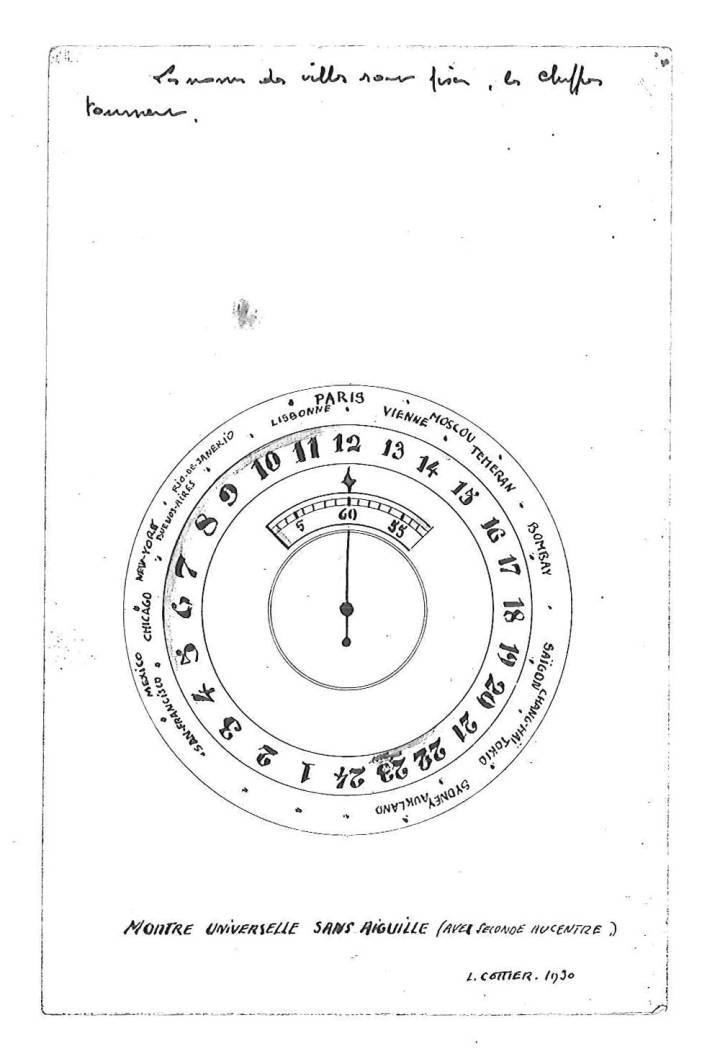 Dessin original, signé Louis Cottier, 1930: «Montre universelle sans aiguille (avec seconde au centre).» «Les noms des villes sont fixes, les chiffres tournent»