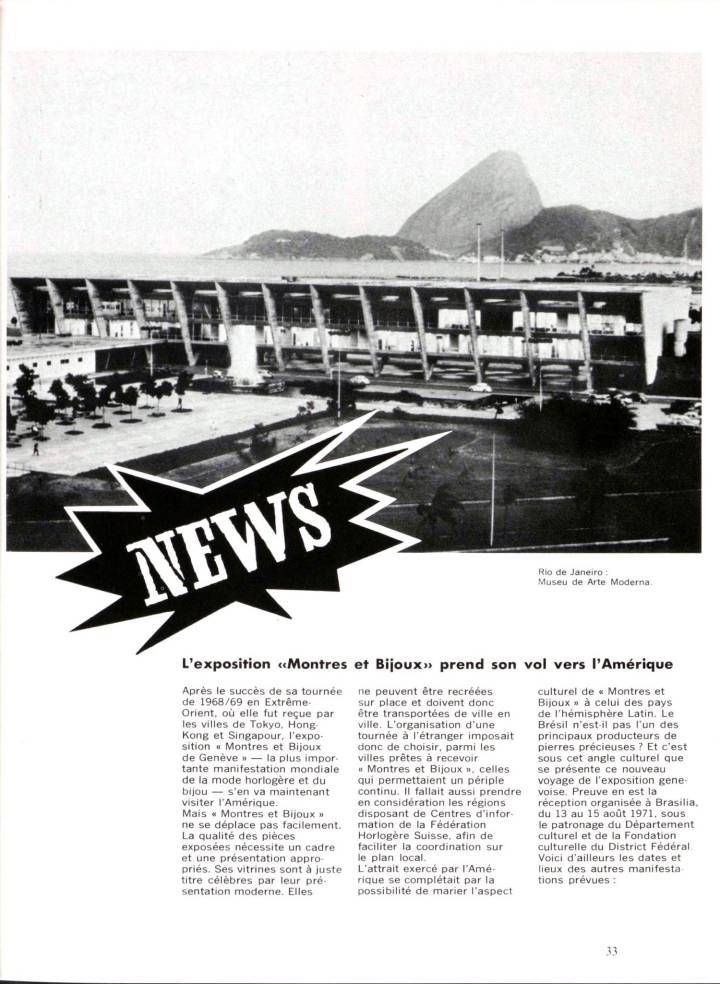 Après une tournée en Asie, c'est en Amérique latine que le salon genevois expose les modèles de ses marques en 1971. Ici une vue de Rio de Janeiro, étape du programme mis en place.