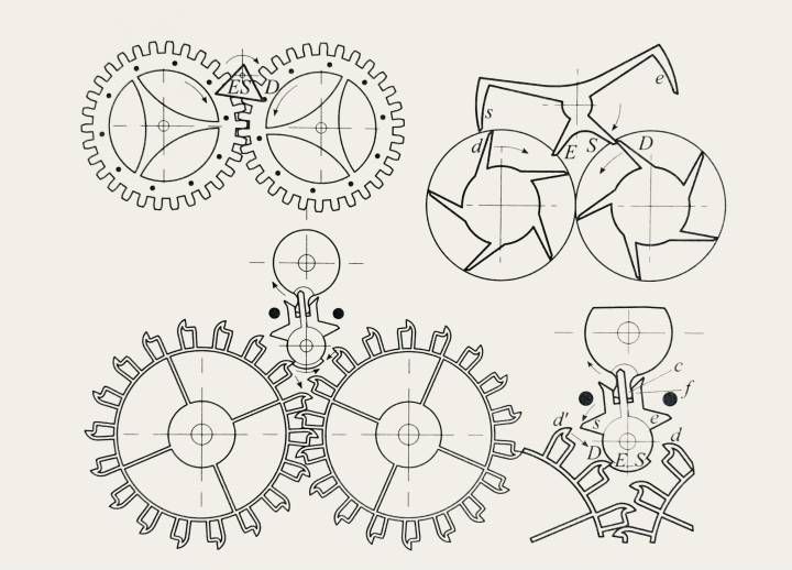 Ludwig Oechslin: échappement à deux roues à impulsions indirectes Dual Ulysse (en bas) avec son ancêtre à recul de Volet (en haut à gauche) et un hypothétique ancêtre à repos frottant (en haut à droite). Page 433. 